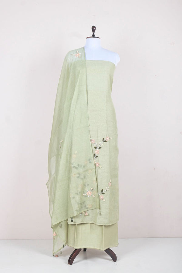 Liril Green Embroided Soot Cotton Dress Material - Chinaya Banaras