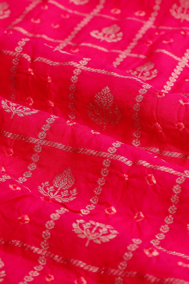 Magenta Pink Bandhani Handwoven Banarsi Silk Fabric, silk fabric, brocade fabric, handloom fabric, indian fabric Banaras