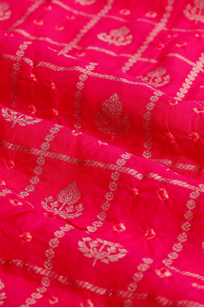 Magenta Pink Bandhani Handwoven Banarsi Silk Fabric - Chinaya Banaras