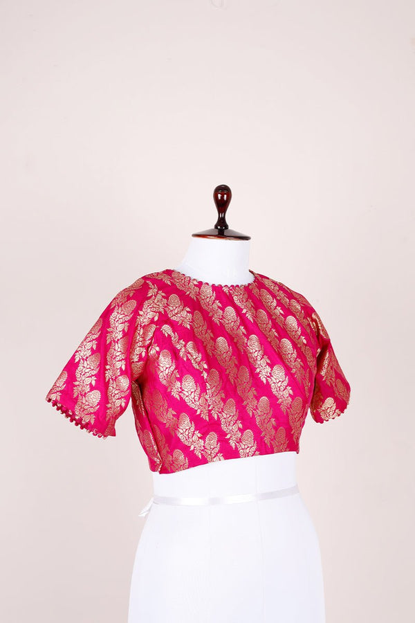 Magenta Pink Handwoven Banarasi Silk Blouse - Chinaya Banaras