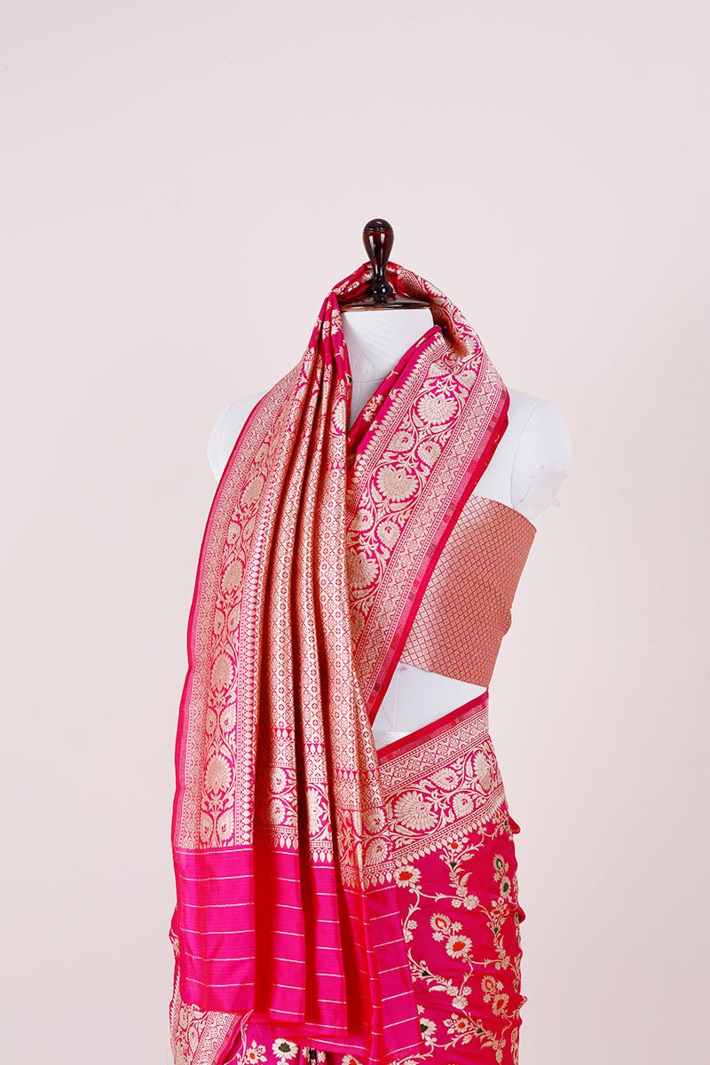 Magenta Pink Meenadar Handwoven Banarasi Silk Saree - Chinaya Banaras