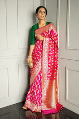 Women In Pink Handwoven Banarasi Silk Saree At Chinaya Banaras