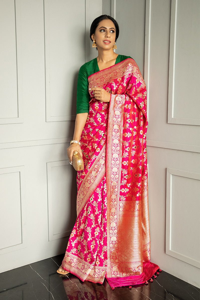 Indian women draped beautifully Magenta Pink Meenadar Handwoven Banarasi Silk Saree  by chinaya banaras