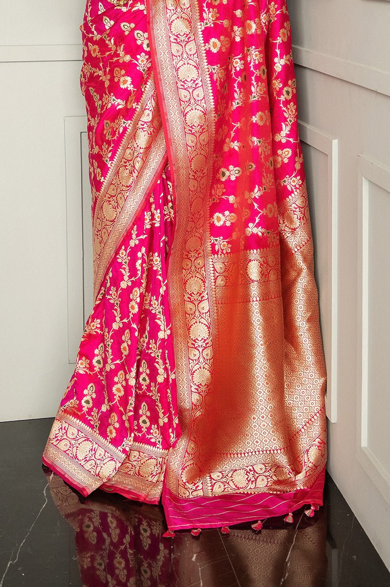 Magenta Pink Meenadar Handwoven Banarasi Silk Saree - Chinaya Banaras