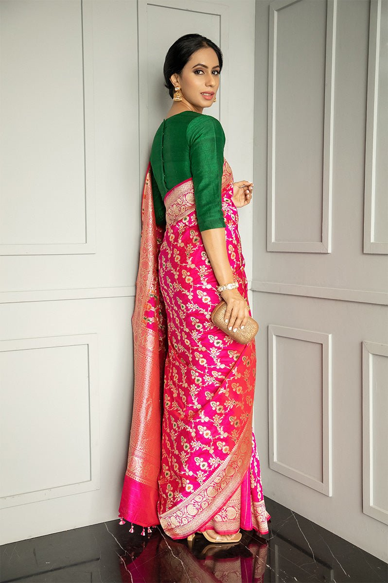 Magenta Pink Meenadar Handwoven Banarasi Silk Saree - Chinaya Banaras