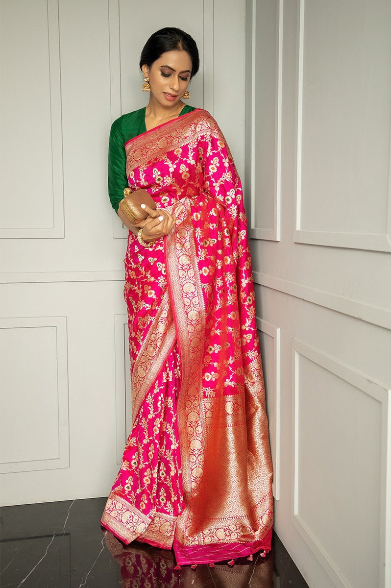 Magenta Pink Meenadar Handwoven Banarasi Silk Saree - Chinaya Banaras