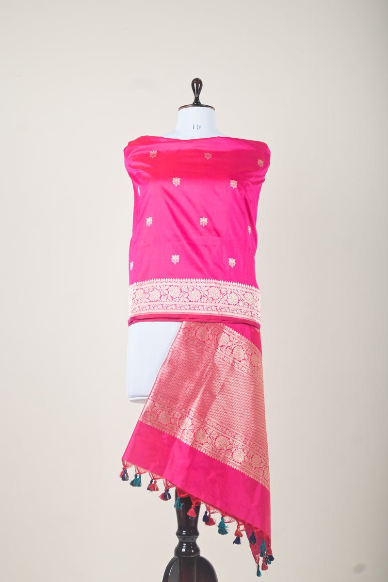 Magenta Pink Woven Banarasi Silk Dupatta - Chinaya Banaras