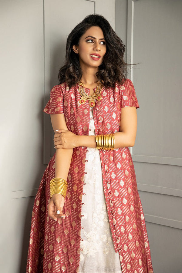 Mahogany Red Handwoven Mulberry Silk Dress - Chinaya Banaras