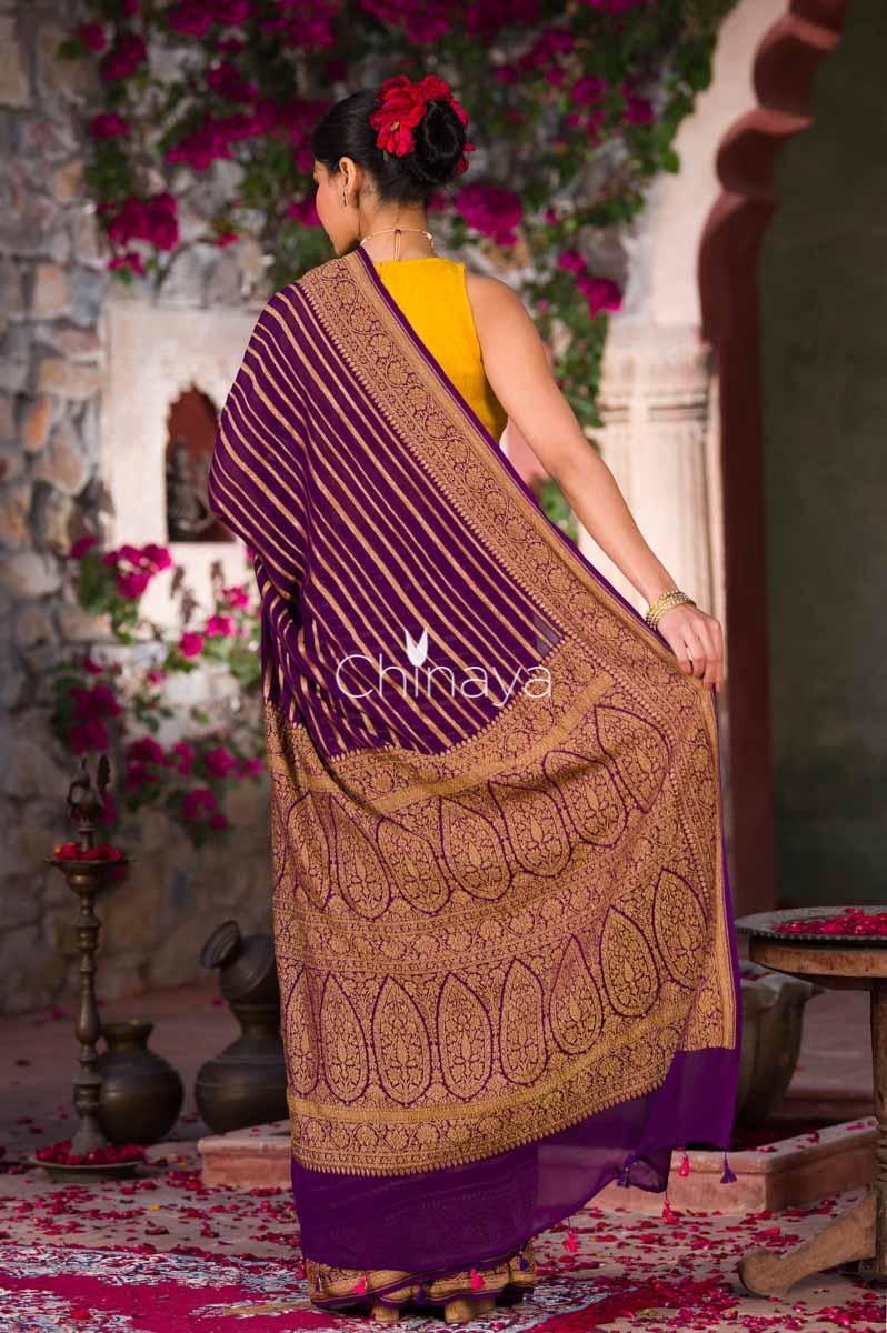 Majestic Glit Purple Woven Georgette Khaddi Silk Saree - Chinaya Banaras