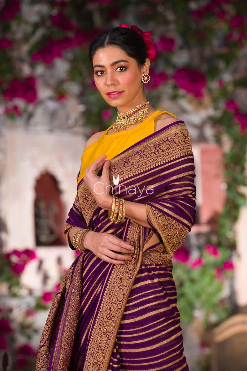 Majestic Glit Purple Woven Georgette Khaddi Silk Saree - Chinaya Banaras