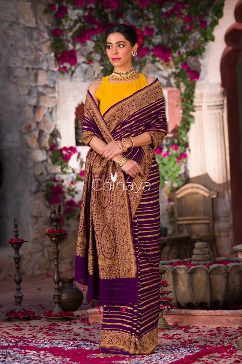 Majestic Glit Purple Woven Georgette Khaddi Silk Saree - Chinaya Banaras