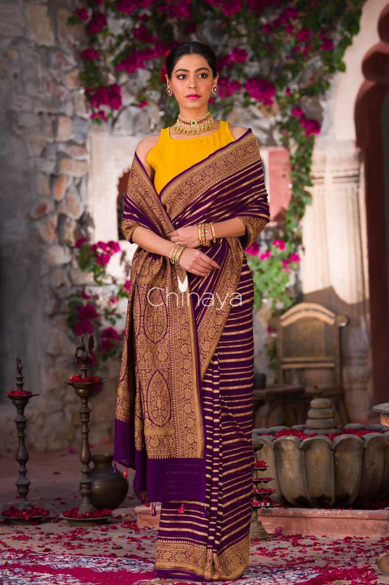 Majestic Glit Purple Woven Georgette Khaddi Silk Saree - Chinaya Banaras