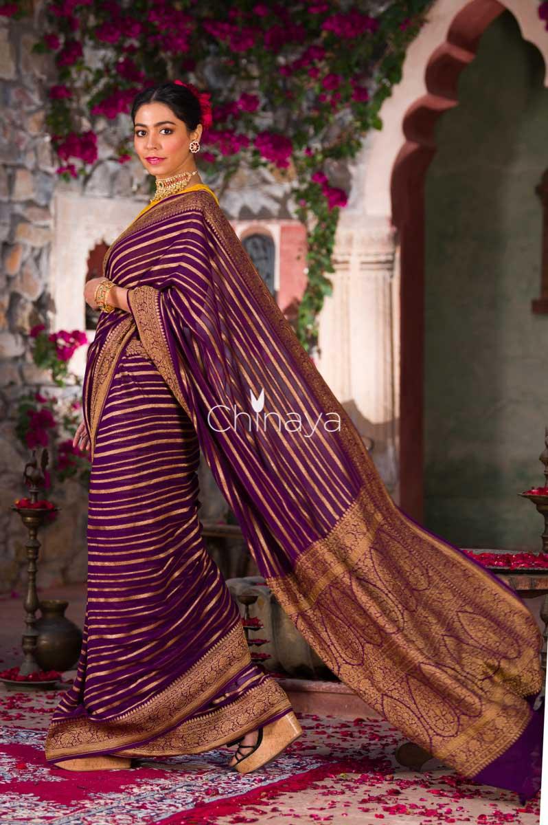 Majestic Glit Purple Woven Georgette Khaddi Silk Saree - Chinaya Banaras