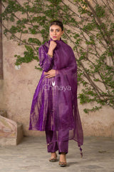 Majestic Spun Deep Purple Handwoven Satin Silk Kurta Pant Set - Chinaya Banaras