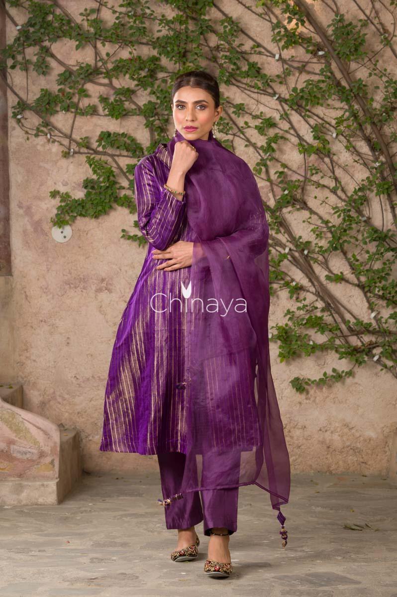 Majestic Spun Deep Purple Handwoven Satin Silk Kurta Pant Set - Chinaya Banaras