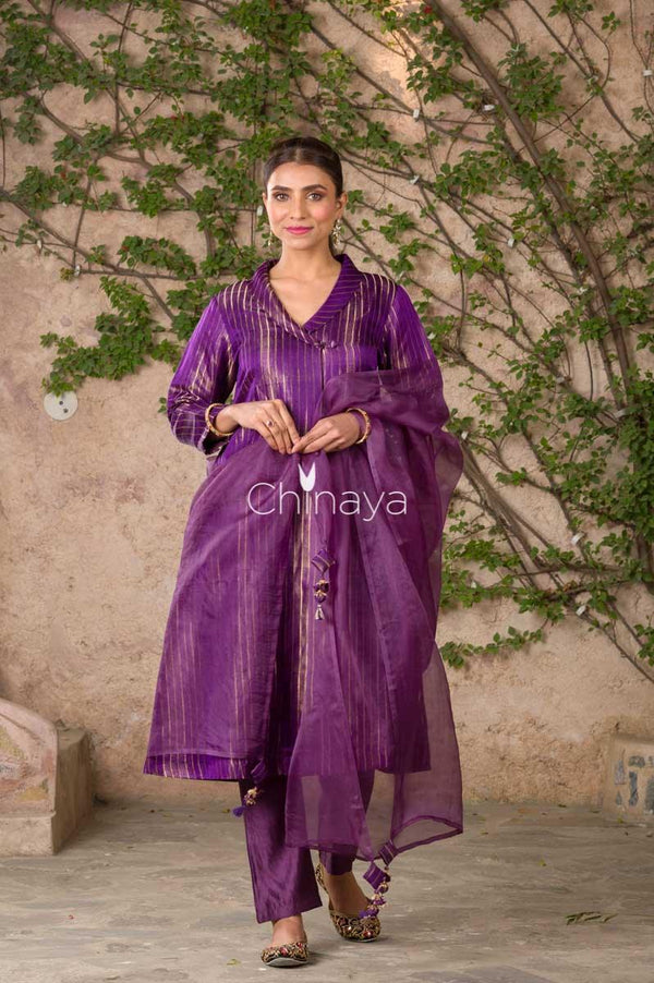 Women In Purple Handwoven Satin Silk Kurta Pant Set At Chinaya Banaras