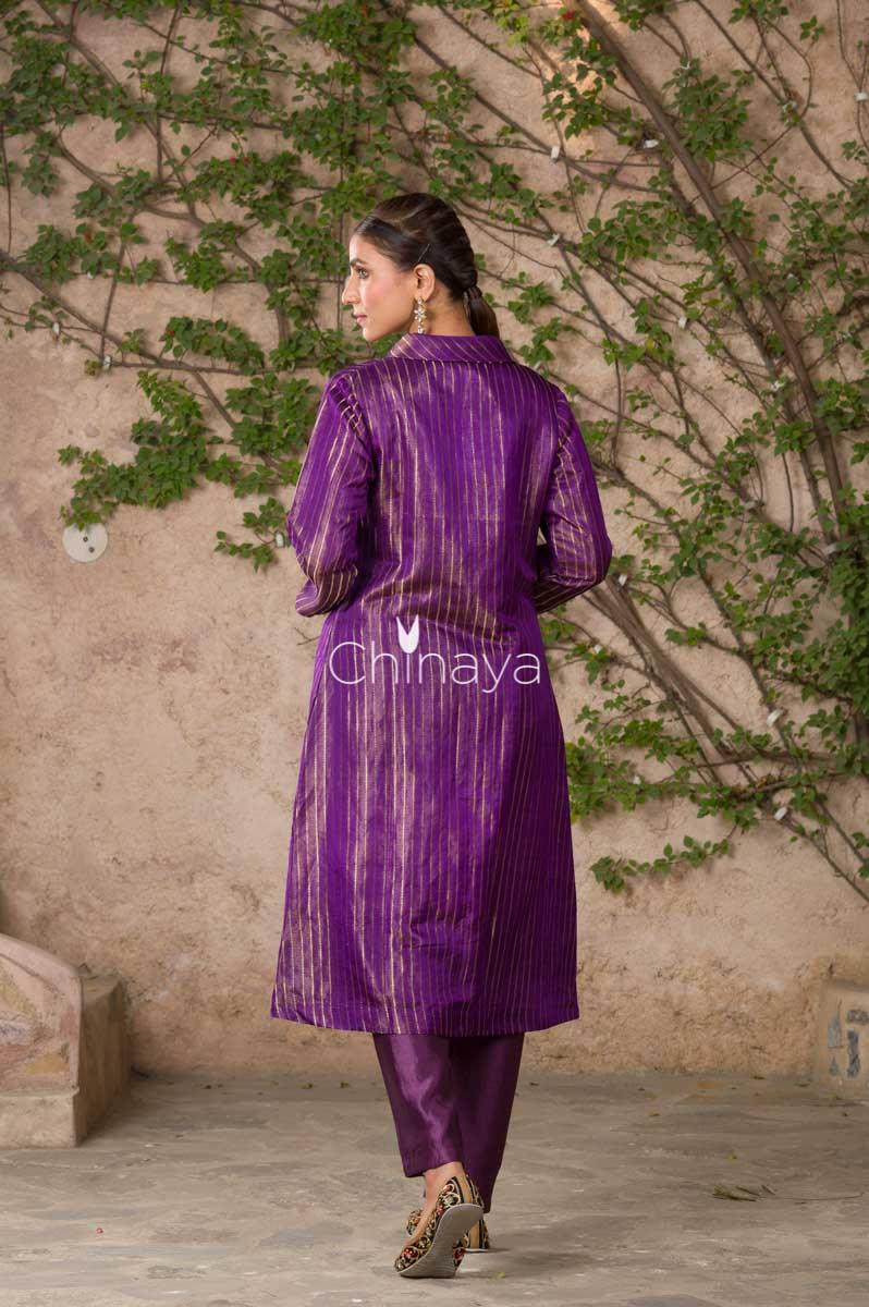 Majestic Spun Deep Purple Handwoven Satin Silk Kurta Pant Set - Chinaya Banaras