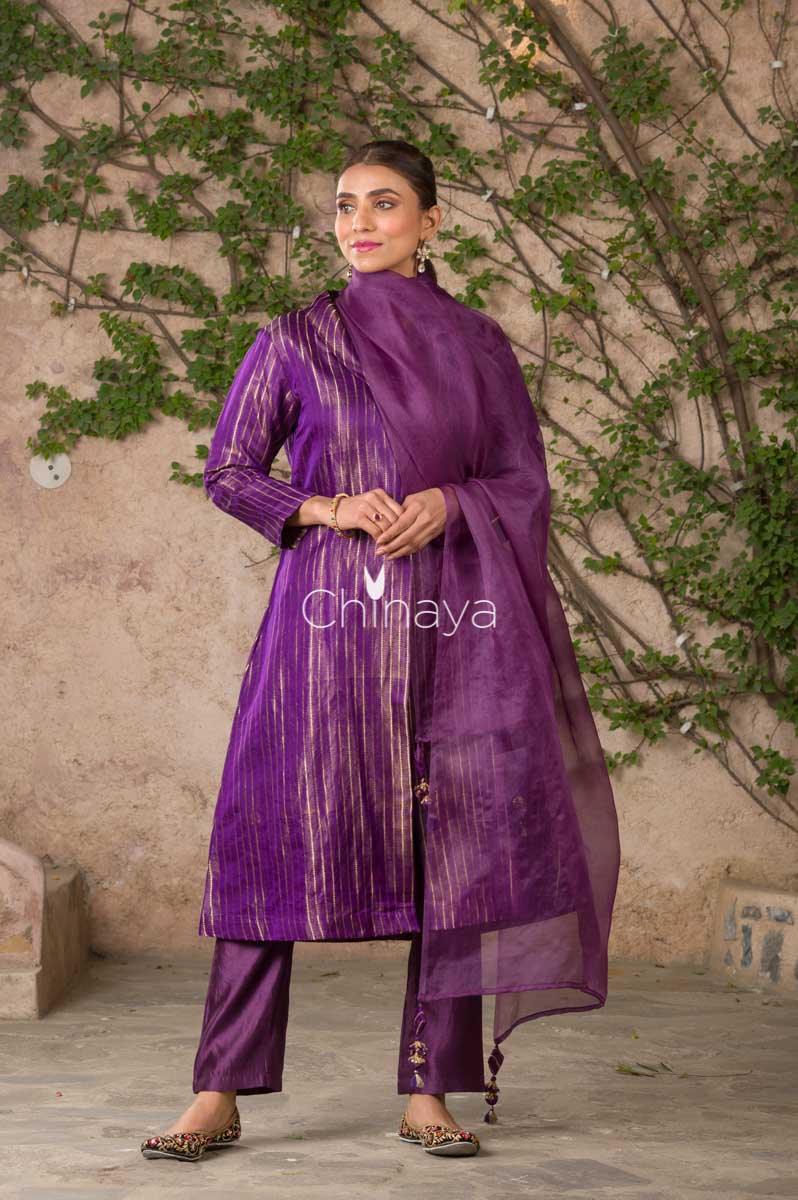 Majestic Spun Deep Purple Handwoven Satin Silk Kurta Pant Set - Chinaya Banaras