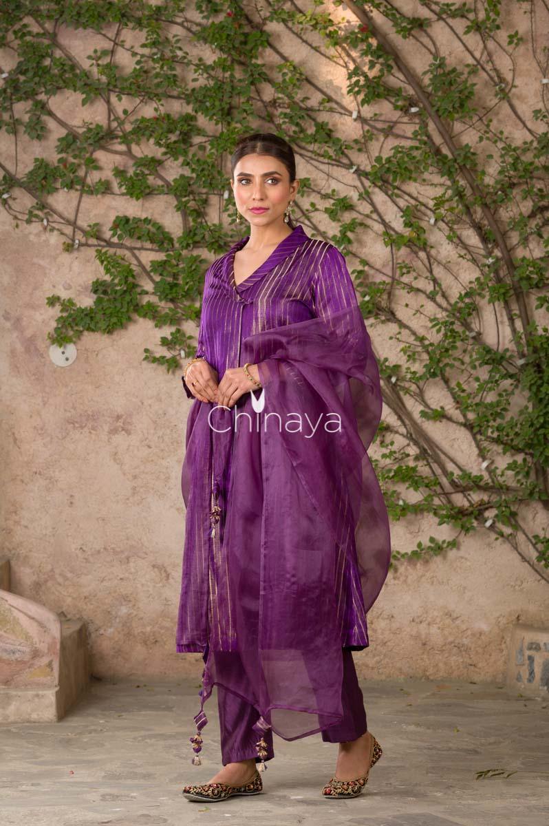 Majestic Spun Deep Purple Handwoven Satin Silk Kurta Pant Set - Chinaya Banaras