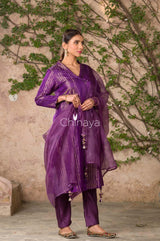 Majestic Spun Deep Purple Handwoven Satin Silk Kurta Pant Set - Chinaya Banaras