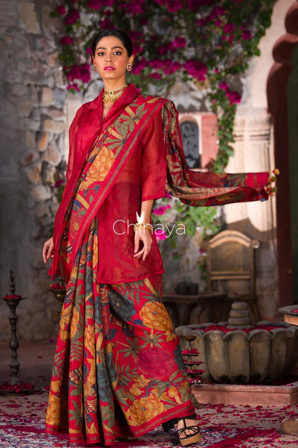Maroon Floral Printed Tussar Silk Saree - Chinaya Banaras