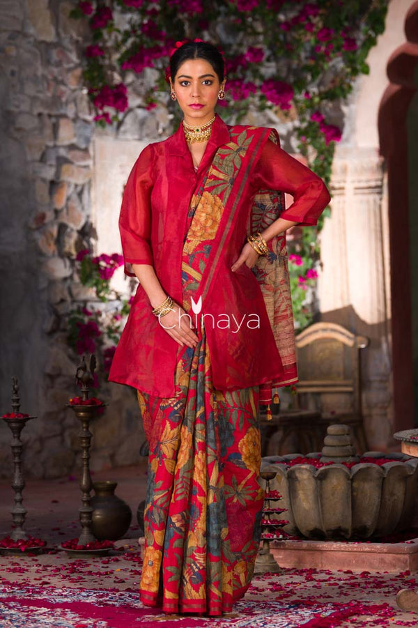 Maroon Floral Printed Tussar Silk Saree - Chinaya Banaras