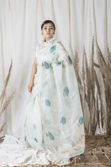 Mayil Blue Organza Handpainted Saree - Chinaya Banaras