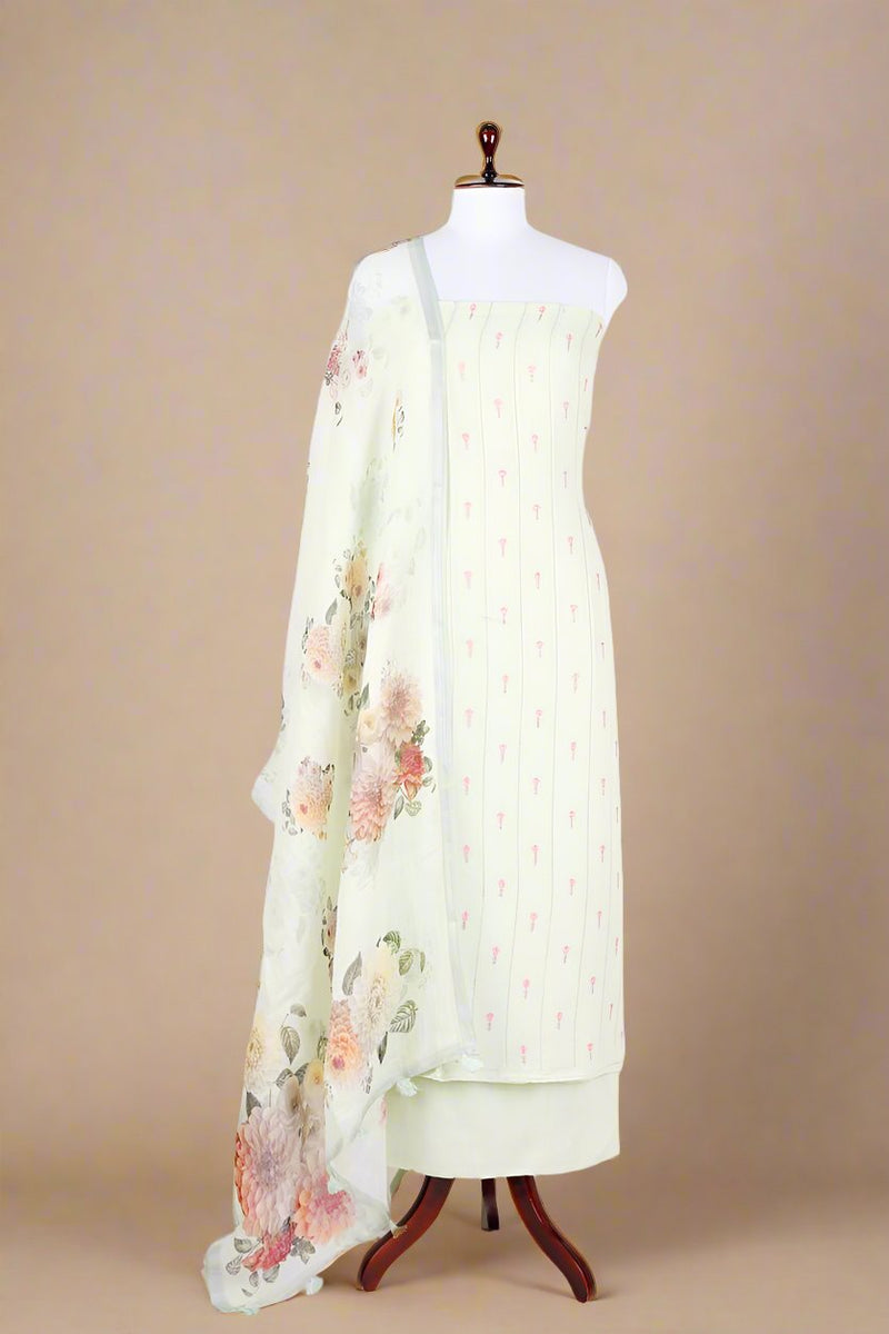 Mint Green Embroided Floral Printed Linen Dress Material - Chinaya Banaras