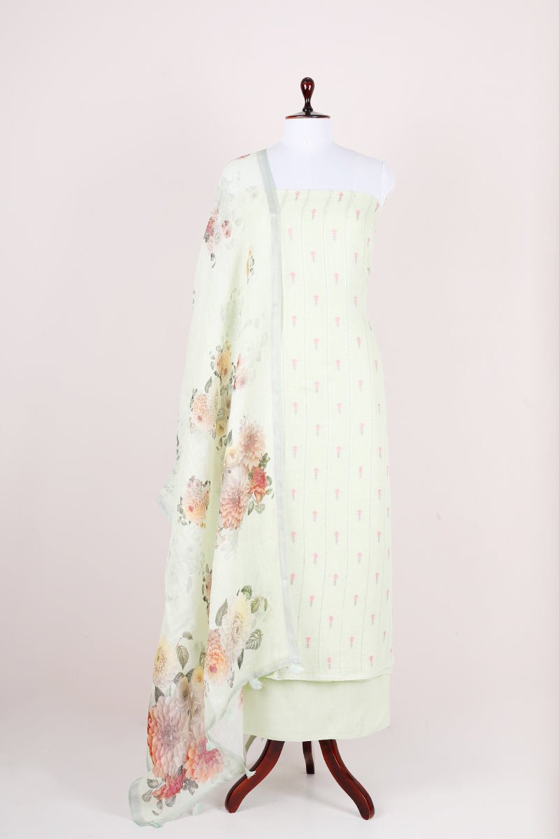 Mint Green Embroided Floral Printed Linen Dress Material - Chinaya Banaras