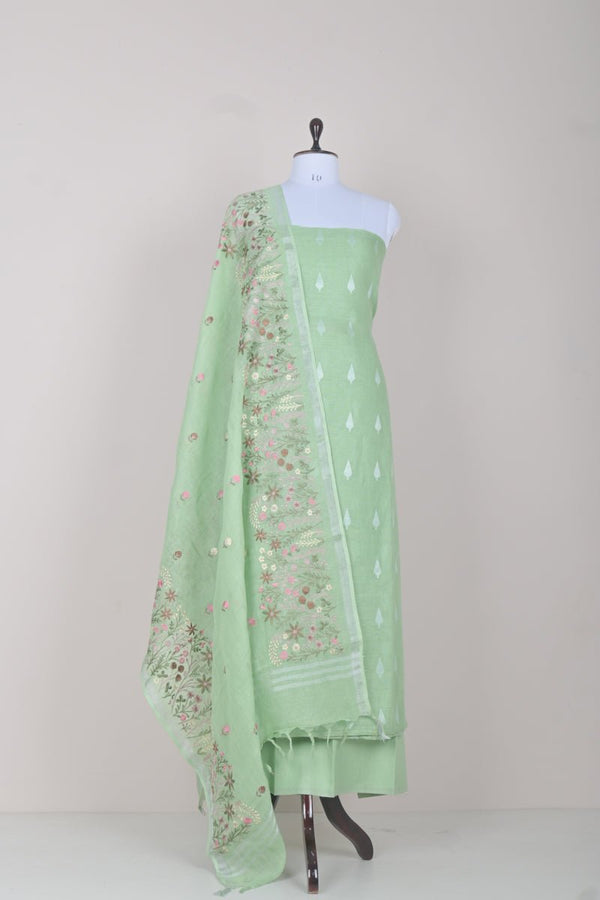 Mint Green Woven Linen  Dress Material - Chinaya Banaras
