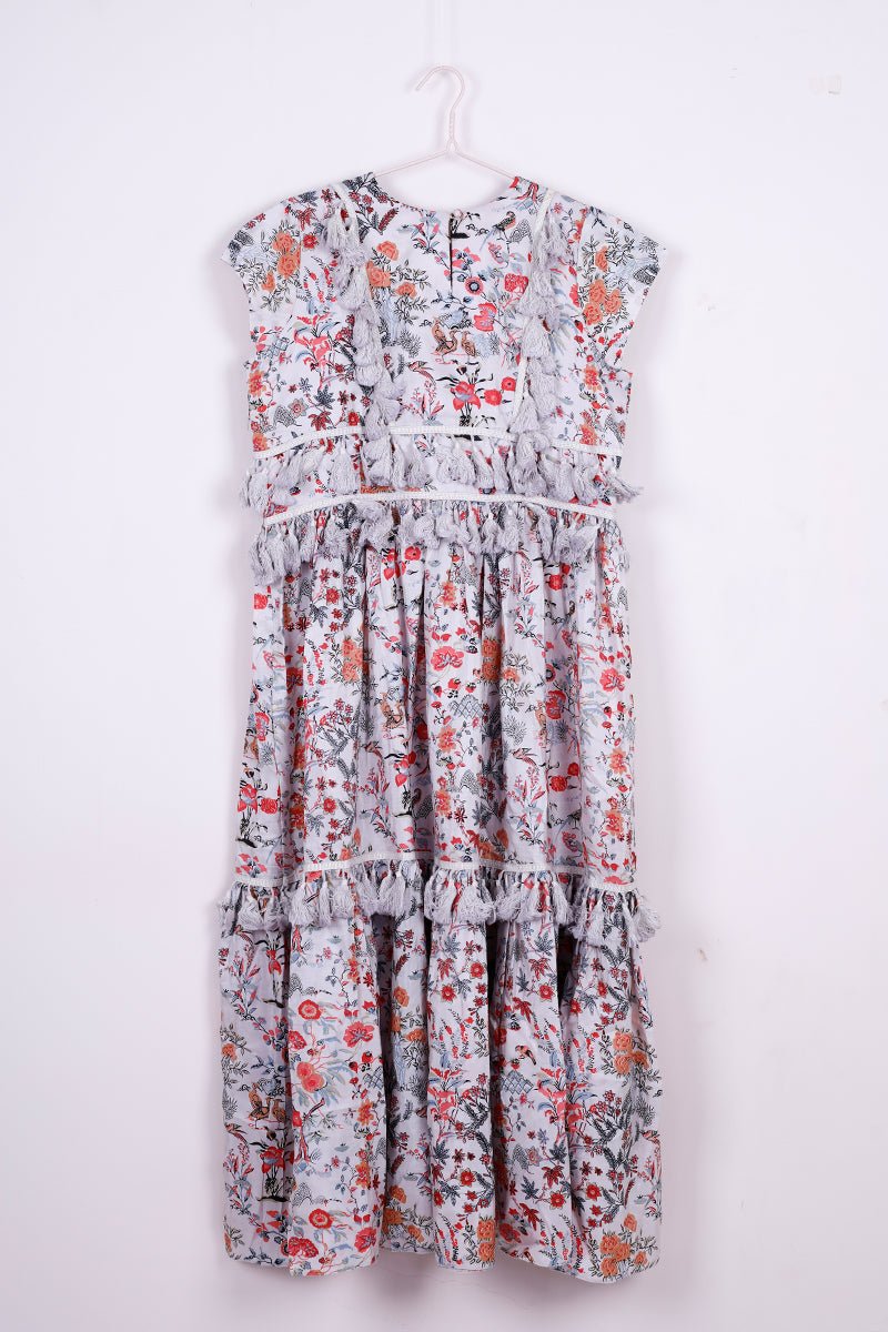 Moonlight Grey Floral Printed Mulberry Cotton Dress - Chinaya Banaras