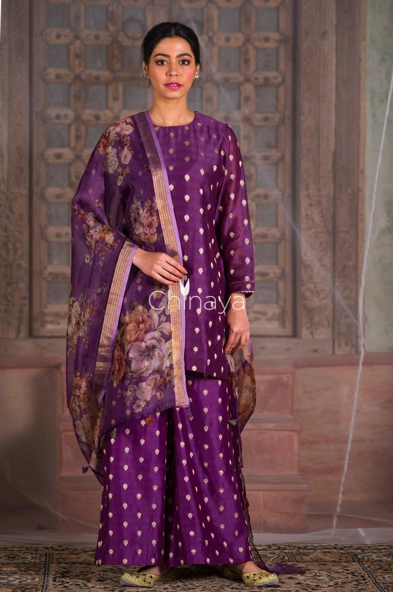 Mulberry Vine Purple Chanderi Sillk Suit Set - Chinaya Banaras