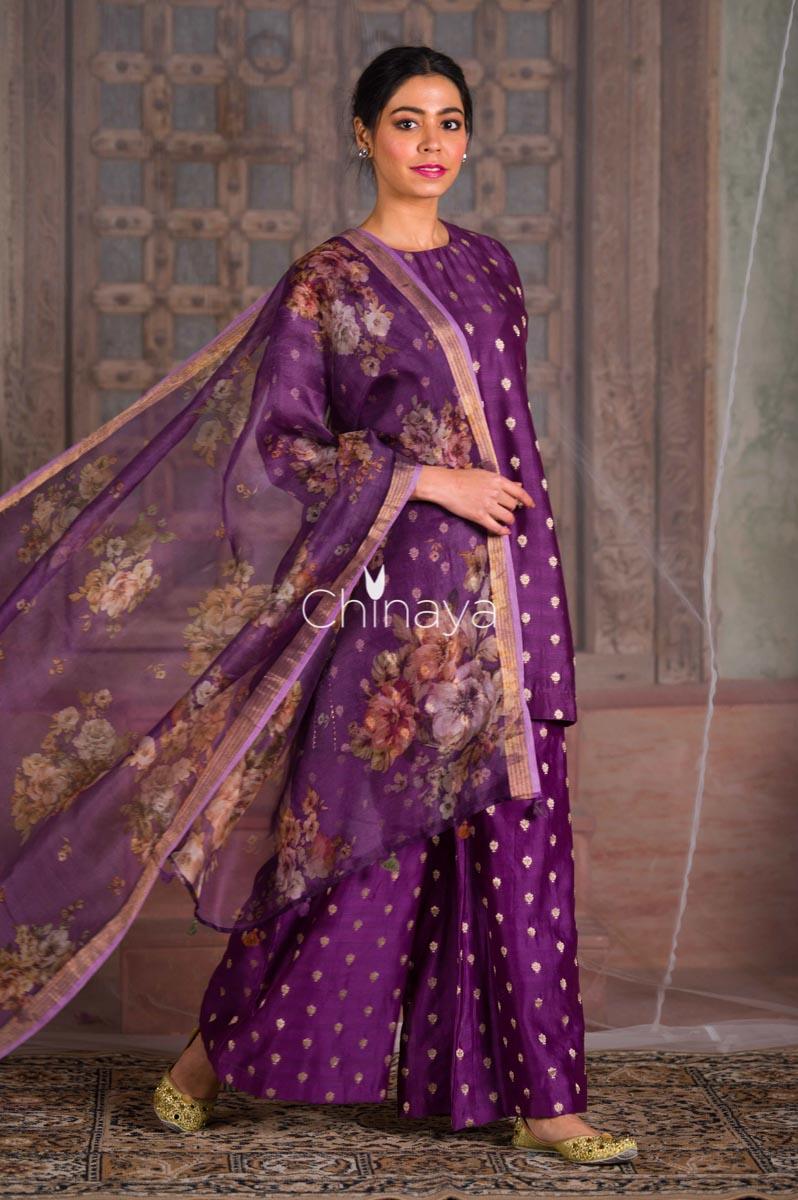 Mulberry Vine Purple Chanderi Sillk Suit Set - Chinaya Banaras