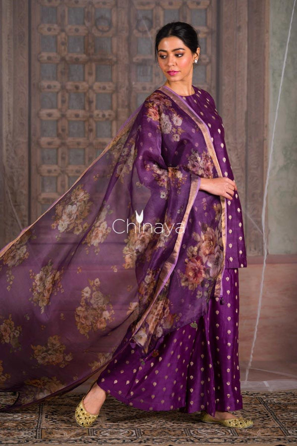Mulberry Vine Purple Chanderi Sillk Suit Set - Chinaya Banaras