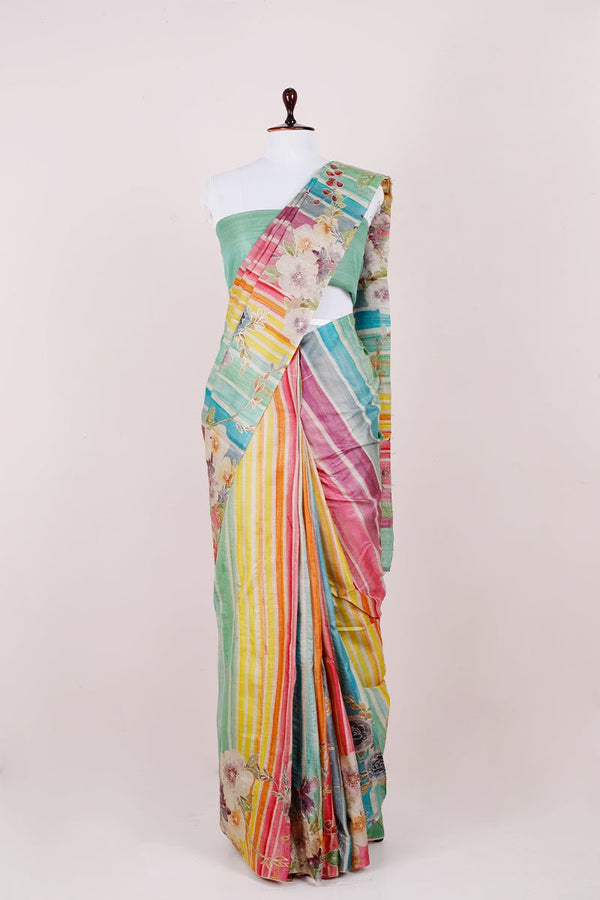 Multicolor Striped Embellished Tussar Silk Saree - Chinaya Banaras