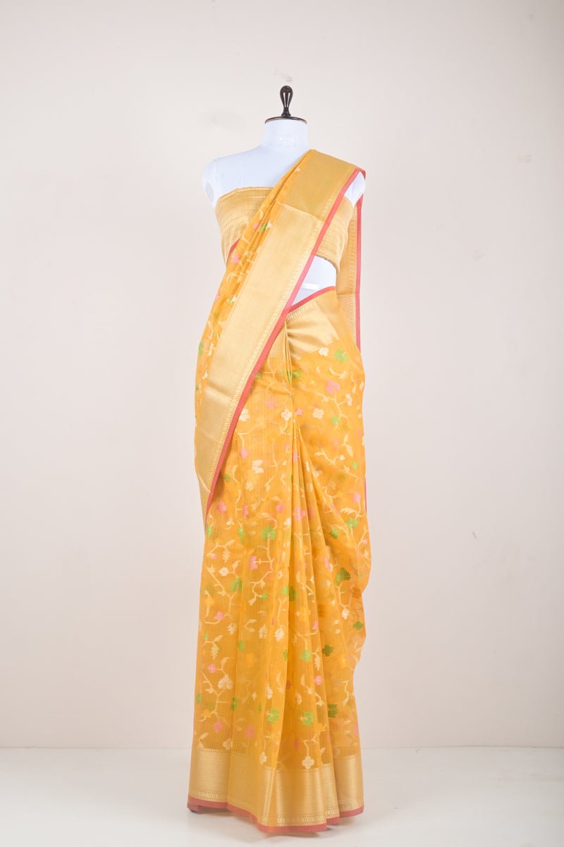 Mustard Yellow Floral Woven Banarasi Cotton Saree - Chinaya Banaras