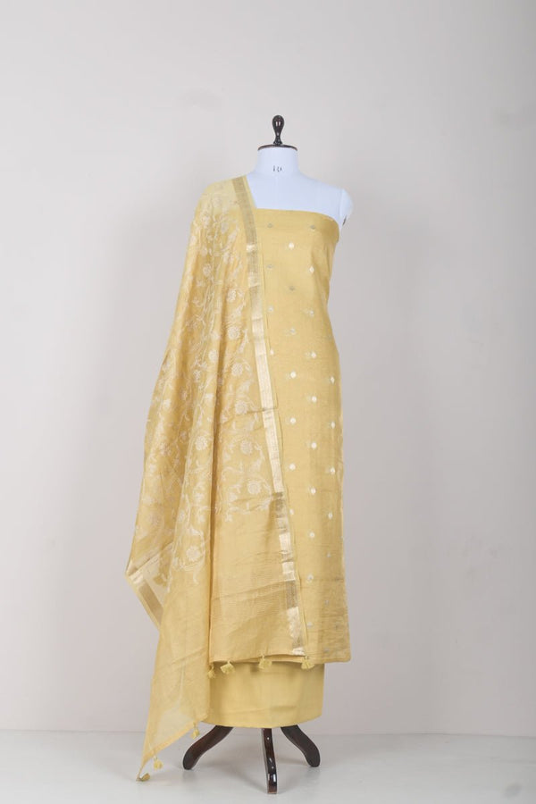 Musturd Yellow Woven Chanderi Silk Dress Material - Chinaya Banaras