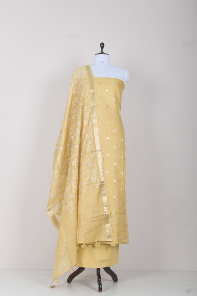 Musturd Yellow Woven Chanderi Silk Dress Material - Chinaya Banaras