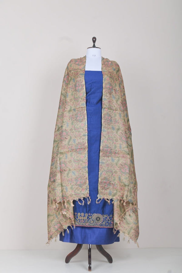 Navy Blue Embroidered Raw Silk Dress Material - Chinaya Banaras
