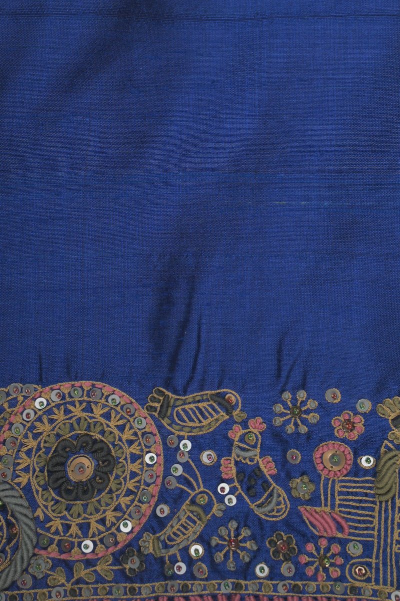 Navy Blue Embroidered Raw Silk Dress Material - Chinaya Banaras