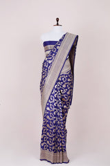 Navy Blue Floral Jaal Handwoven Banarasi Silk Saree - Chinaya Banaras