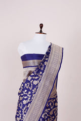 Navy Blue Floral Jaal Handwoven Banarasi Silk Saree - Chinaya Banaras