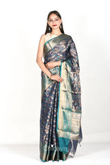 Navy Blue Floral Jaal Woven Banarasi Cotton - Chinaya Banaras