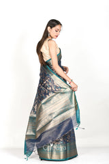 Navy Blue Floral Jaal Woven Banarasi Cotton - Chinaya Banaras