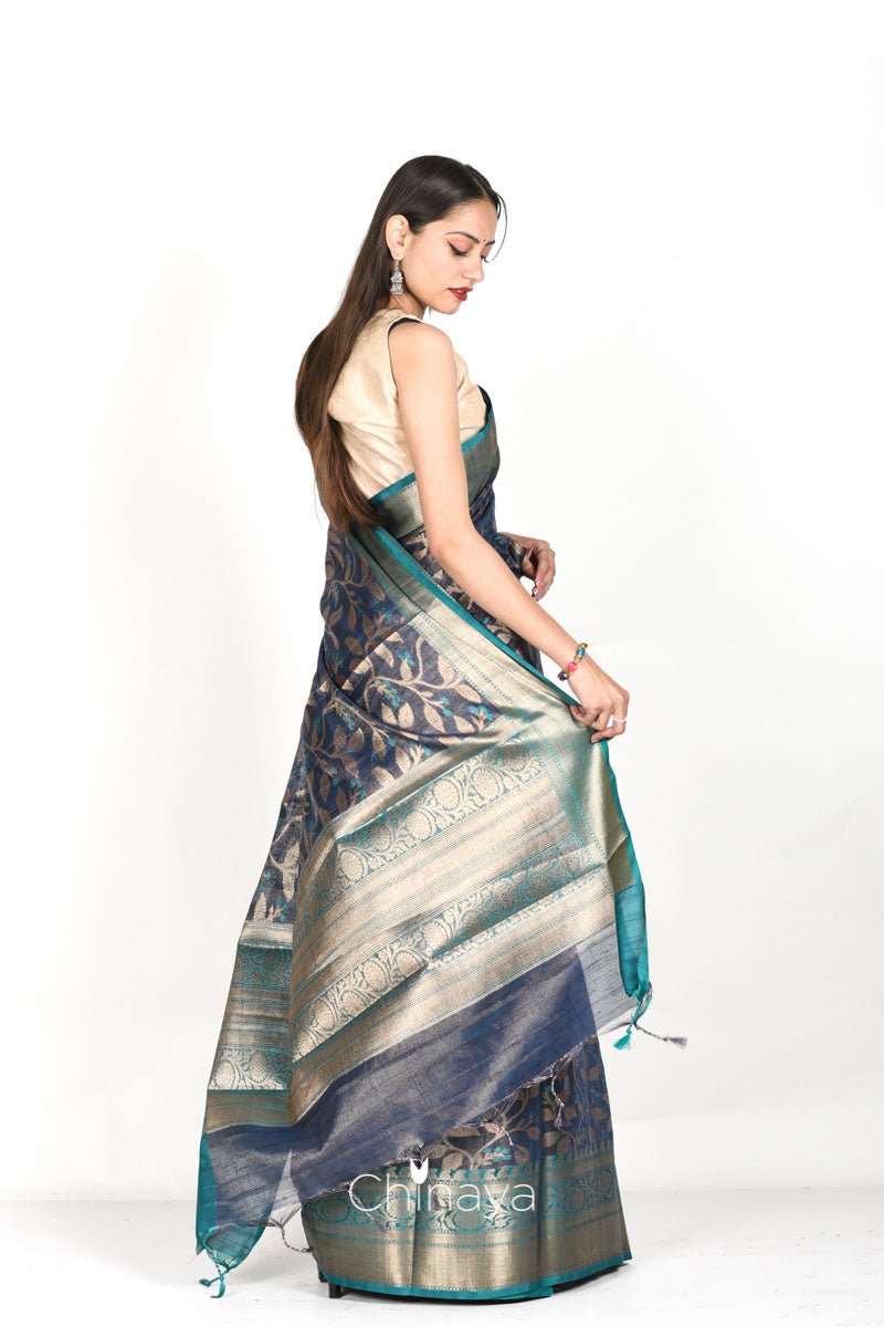 Navy Blue Floral Jaal Woven Banarasi Cotton - Chinaya Banaras