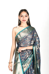Navy Blue Floral Jaal Woven Banarasi Cotton - Chinaya Banaras
