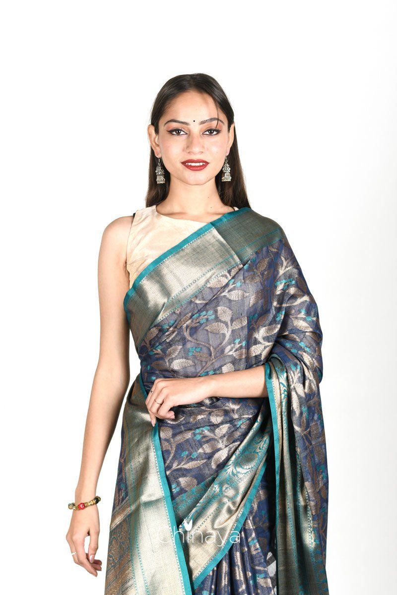Navy Blue Floral Jaal Woven Banarasi Cotton - Chinaya Banaras