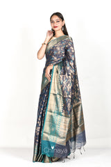 Navy Blue Floral Jaal Woven Banarasi Cotton - Chinaya Banaras