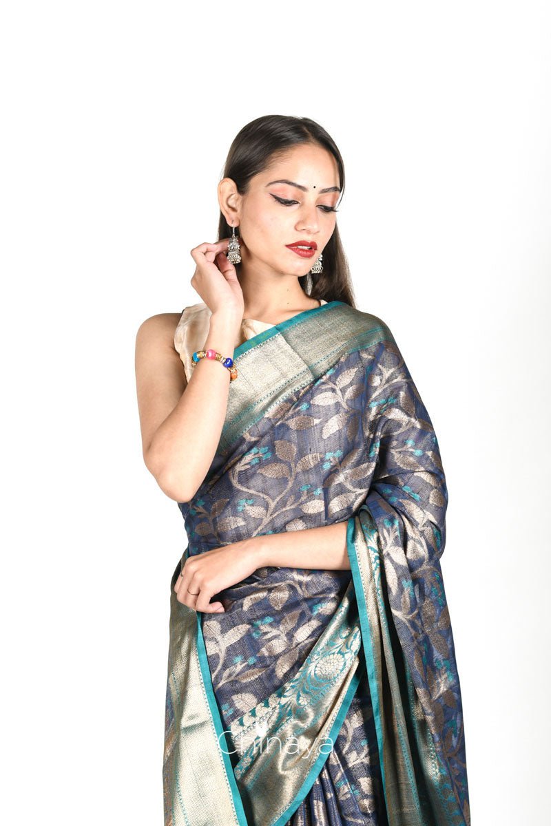 Navy Blue Floral Jaal Woven Banarasi Cotton - Chinaya Banaras