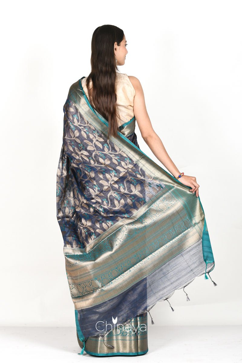 Navy Blue Floral Jaal Woven Banarasi Cotton - Chinaya Banaras
